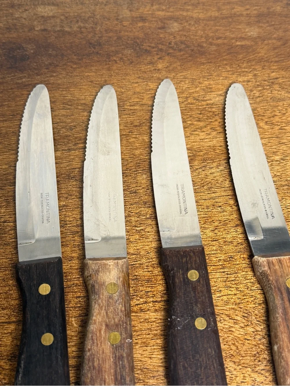 Vintage Tramontina Inox Stainless Brasil Steak Knives Set of 4 Wood Handles